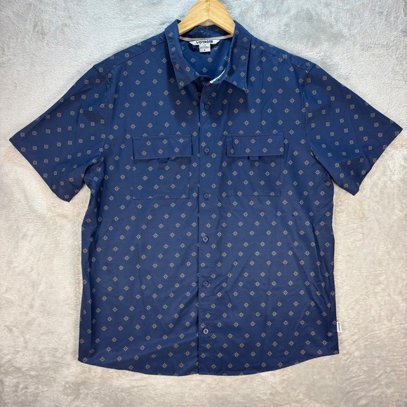 Voyager Men's Compass Print Button Shirt Navy Blue Recycled Stretch Sz L - Picture 5 of 9